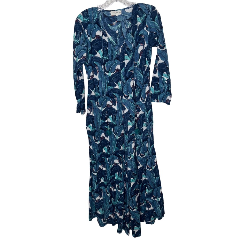 Jayshree Dalal Blue Tropical Banana Leaf Print Maxi Dress Long Sleeve S Vacation